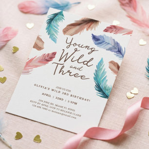 Invitation Young Wild & Three Watercolor Boho Feathers