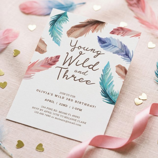 Invitation Young Wild & Three Watercolor Boho Feathers (Young Wild & Three Watercolor Boho Birthday Invitation)