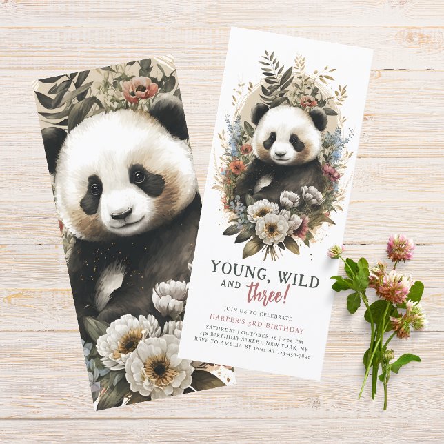 Invitation Young Wild Trois 3e anniversaire Enfants Cute Pand (Créateur téléchargé)