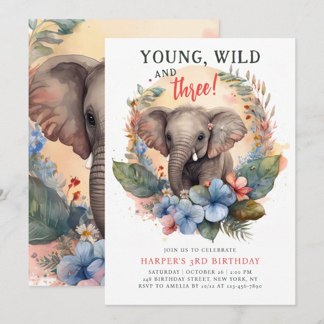 Invitation Young Wild Trois 3e anniversaire enfants mignon él (Devant / Derrière)
