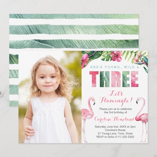 Invitation Young Wild TROIS, Girl 3ème anniversaire de fête p (Devant / Derrière)