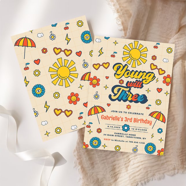 Invitation Young Will Three Retro Daisy 3e fête d'anniversair (Créateur téléchargé)