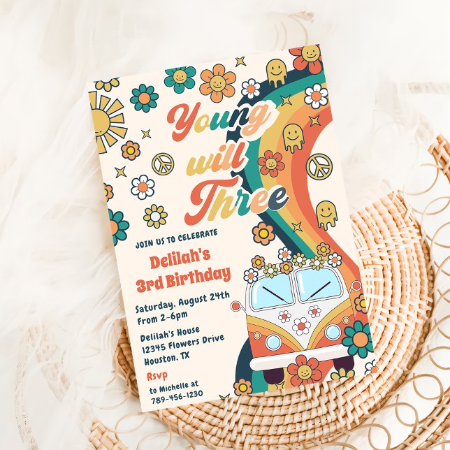 Invitation Young Will Three Retro Floral 3e fête d'anniversai (Créateur téléchargé)