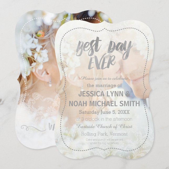 Invitation Your Romantic Photo Best Day Ever Gray Borders (Devant / Derrière)