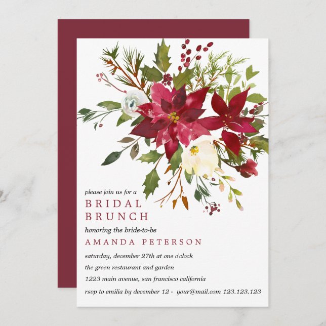 Invitation Yuletide| PoinsettiaBouquet Mariage Brunch nuptial (Devant / Derrière)