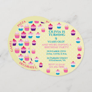 Invitation Yummy Cupcakes Round Anniversaire de enfant Party