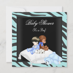 Invitation Zebra Baby shower Boy Blue Black Crown Prince