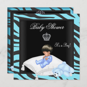 Invitation Zebra Baby shower Boy Blue Black Crown Prince