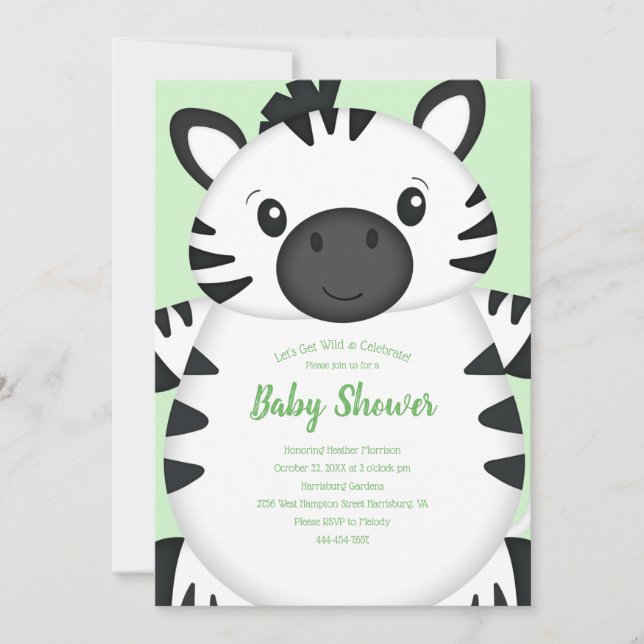 Invitation Zebra Baby shower Green (Devant)