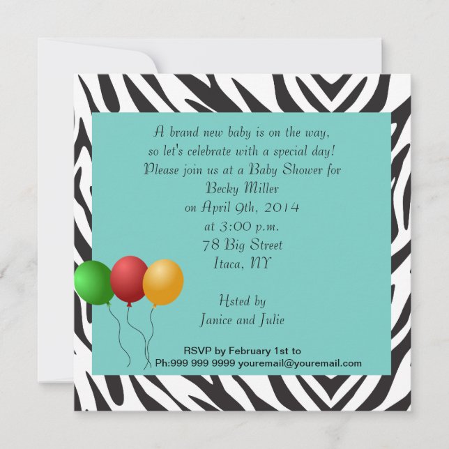 Invitation Zebra Baby shower Party turquoise (Devant)