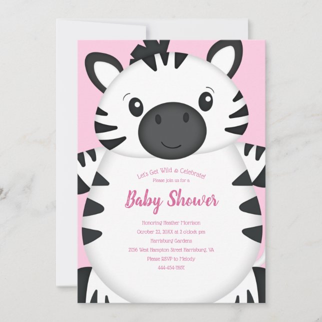 Invitation Zebra Baby shower rose (Devant)