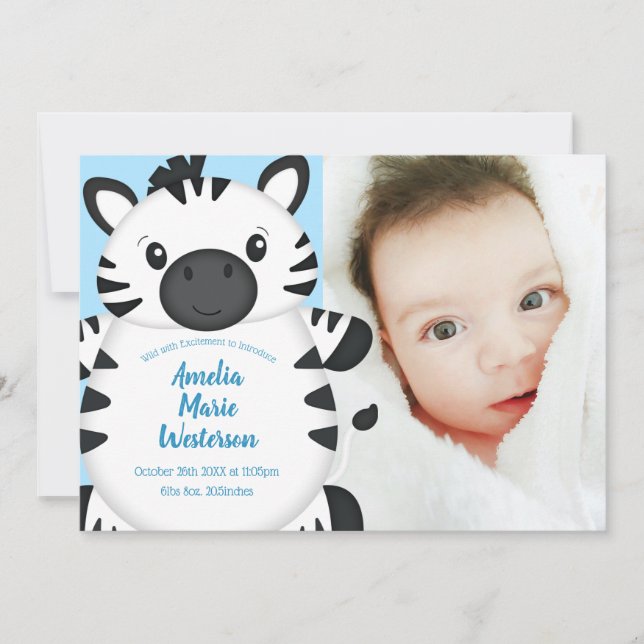 Invitation Zebra Baby shower Safari Blue Boy (Devant)