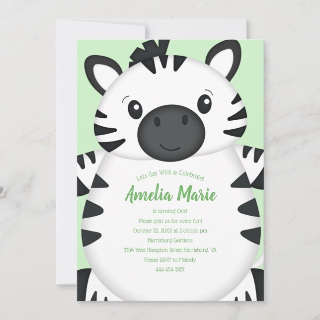 Invitation Zebra Birthday Party Green (Devant)