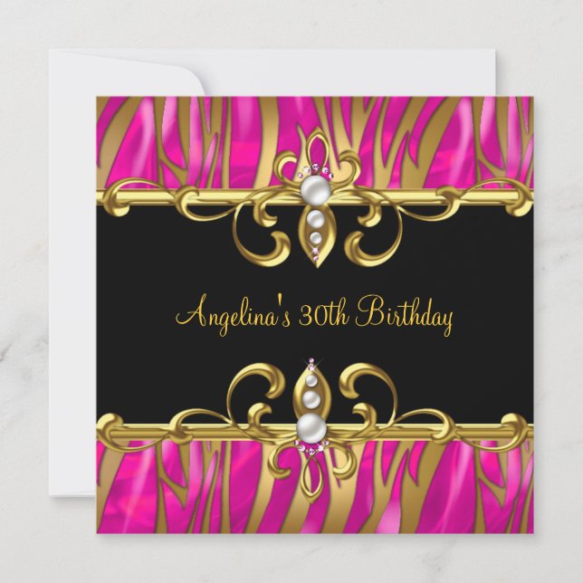 Invitation Zebra Black Gold Pink Jewel 30e anniversaire fête (Devant)