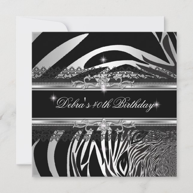 Invitation Zebra Black Silver White 40e fête d'anniversaire (Devant)