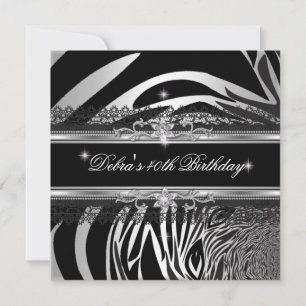 Invitation Zebra Black Silver White 40e fête d'anniversaire