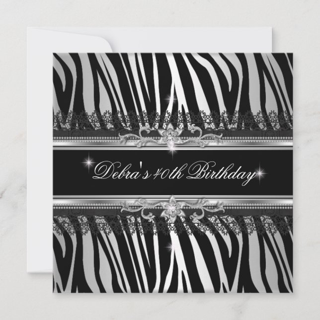 Invitation Zebra Black Silver White 40e fête d'anniversaire (Devant)