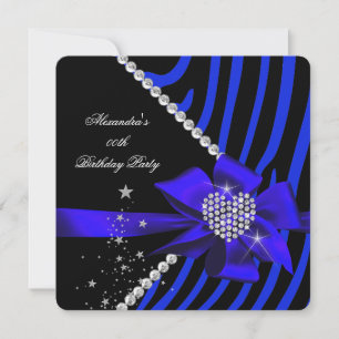 Invitation Zebra Blue Heart Jewel Gems Black Birthday Party
