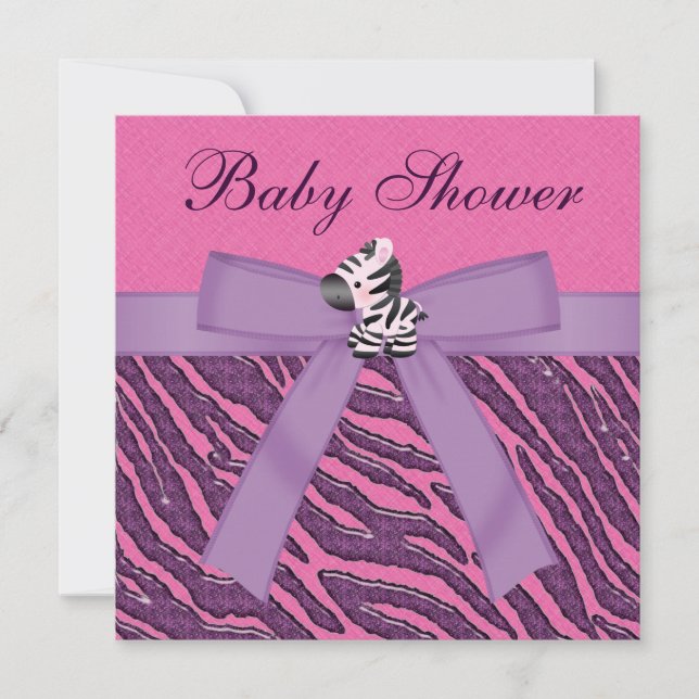 Invitation Zebra & Cupcakes Baby shower rose et violet (Devant)
