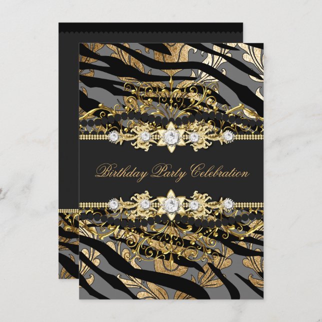 Invitation Zebra Damask Gold Black Foil Beige Elegant Party (Devant / Derrière)