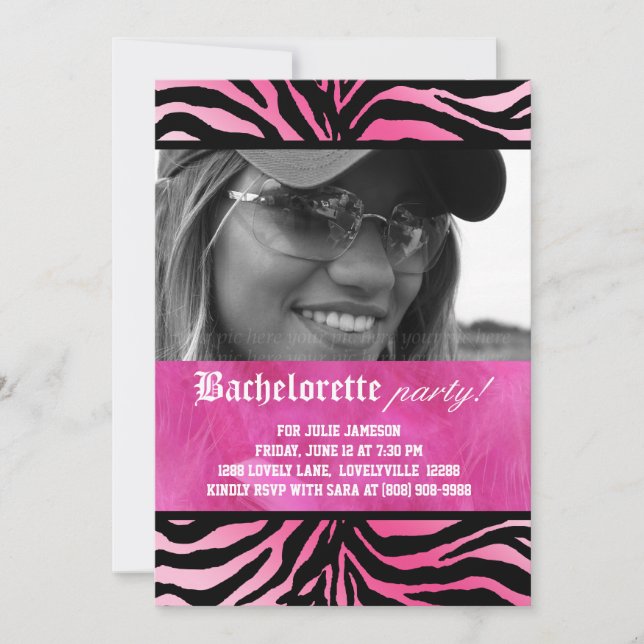 Invitation Zebra Feather Bachelorette Party rose (Devant)