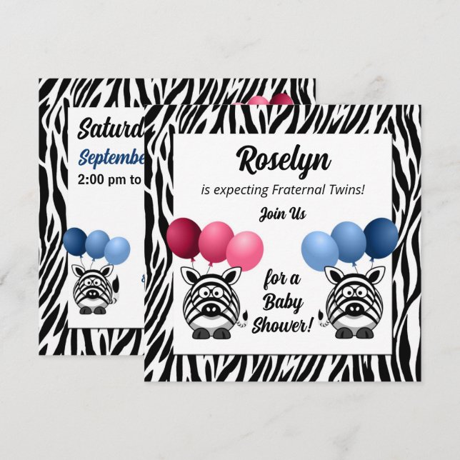 Invitation Zebra Fraternal Twins rose et Baby shower bleu (Devant / Derrière)