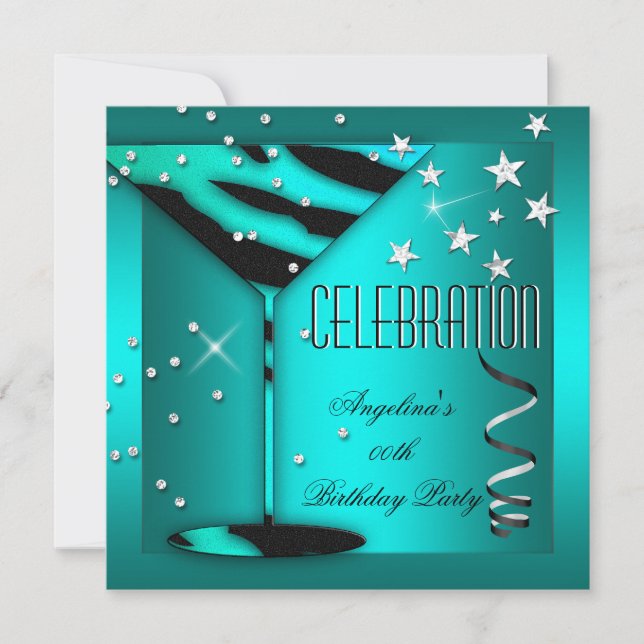 Invitation Zebra Glass Turquoise Blue Celebration Anniversair (Devant)