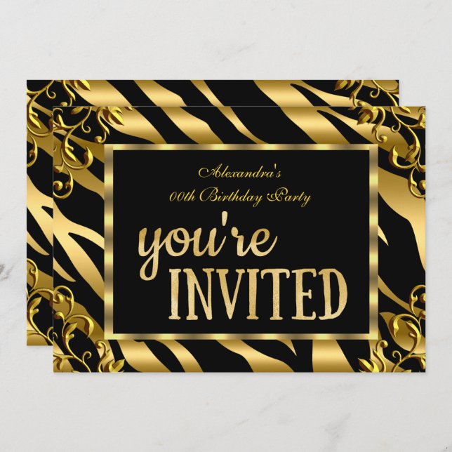 Invitation Zebra Gold Foil Black Elégante fête d'anniversaire (Devant / Derrière)