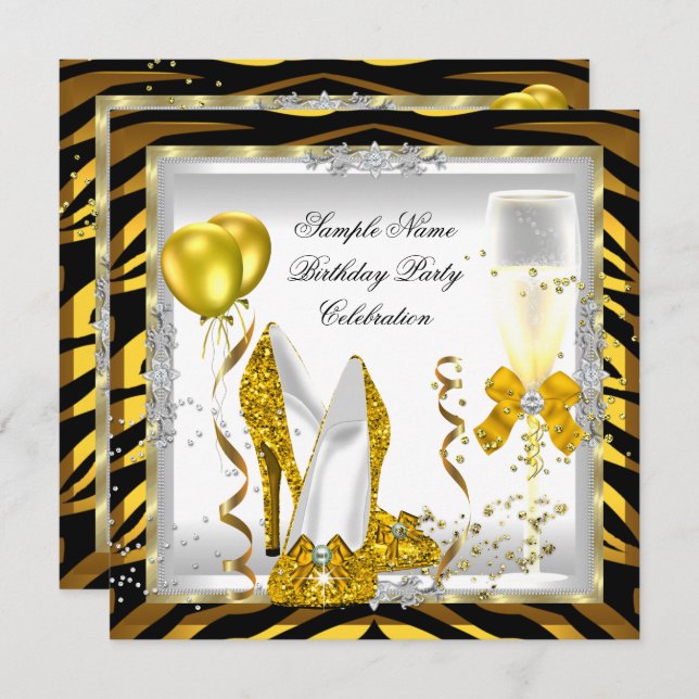 Invitation Zebra Gold Parties scintillant talons Jaune fête d (Devant / Derrière)