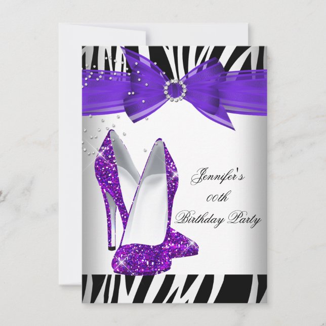 Invitation Zebra Hot Purple High Talon Noir fête d'anniversai (Devant)