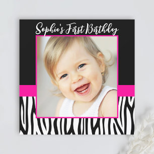 Invitation Zebra Hot Rose Girls Photo 1er Anniversaire