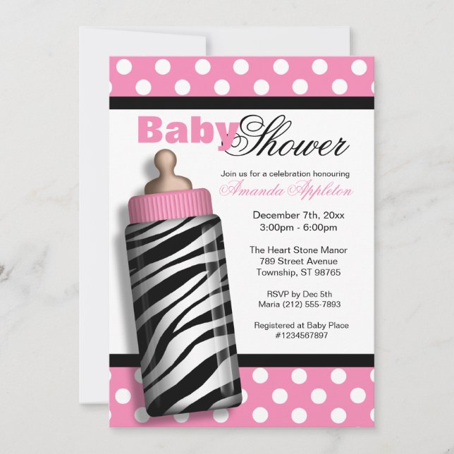 Invitation Zebra Imprimer Bouteille bébé Baby shower rose (Devant)