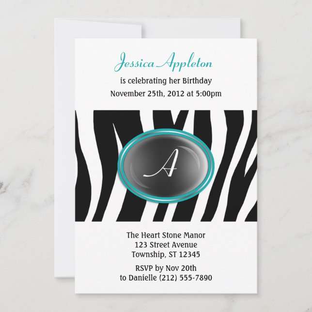Invitation Zebra Imprimer Turquoise verre Monogramme Annivers (Devant)