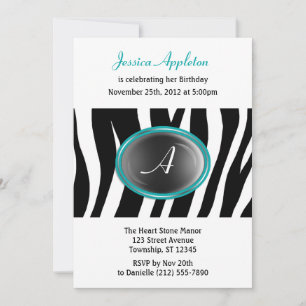 Invitation Zebra Imprimer Turquoise verre Monogramme Annivers