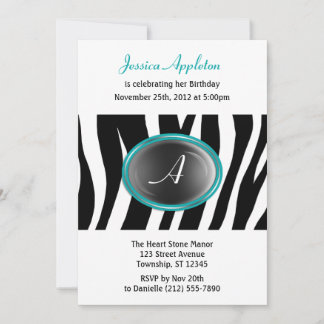 Invitation Zebra Imprimer Turquoise verre Monogramme Annivers