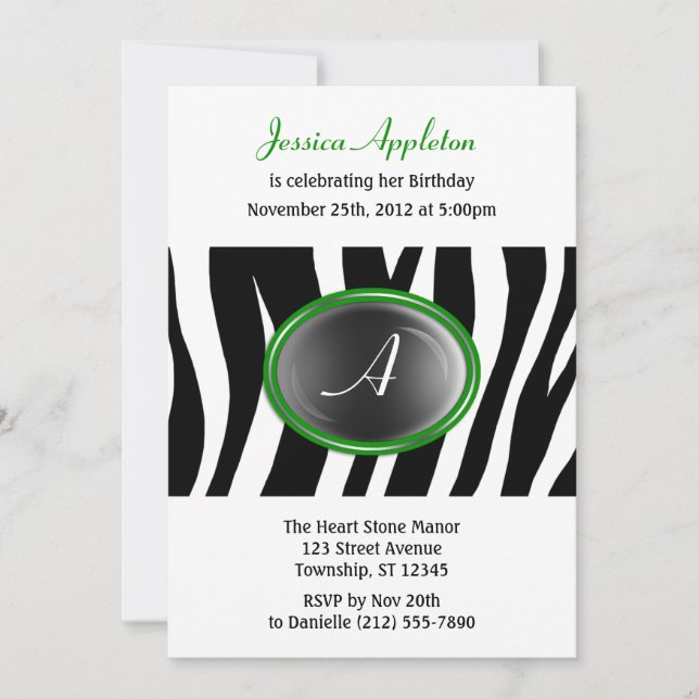 Invitation Zebra Imprimer Verte Monogramme de verre Anniversa (Devant)