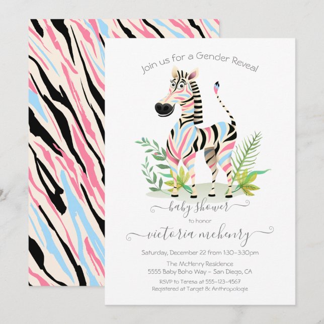 Invitation Zebra Jungle Baby shower de révélation de genre (Devant / Derrière)