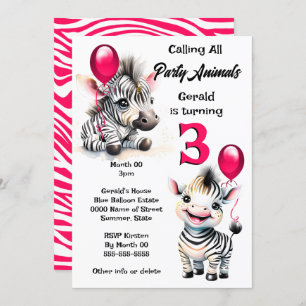 Invitation Zebra jungle safari thème rose noir rayures enfant