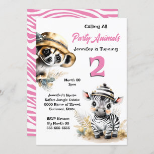 Invitation Zebra meerkat jungle safari animaux sauvages fille