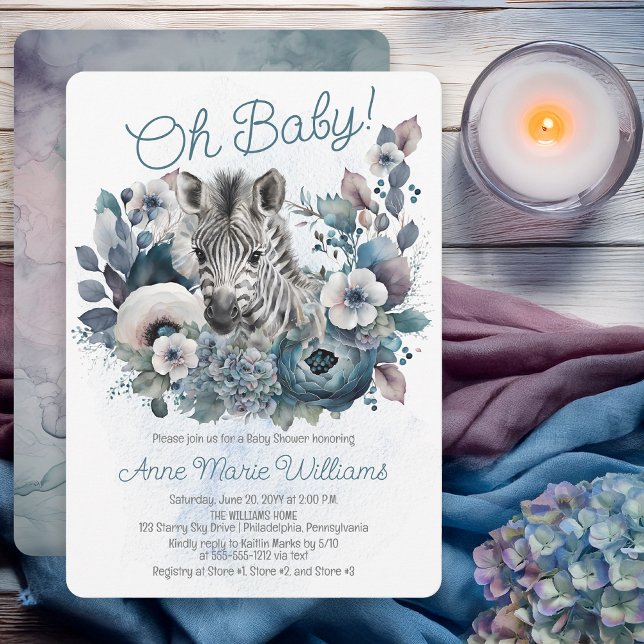 Invitation Zebra Oh Baby Baby shower floral bleu (Zebra Oh Baby Blue Floral Baby Shower Invitation - Print | Digital Download)