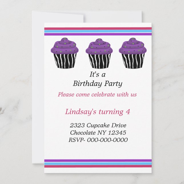 Invitation Zebra Pattern Cupcakes Anniversaire Fête Invitatio (Devant)