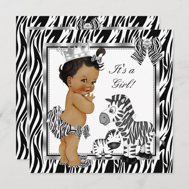 Invitation Zebra Princess Girl Baby shower ethnique (Devant / Derrière)