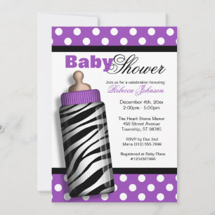 Invitation Zebra Print Baby Bottle Baby shower violet