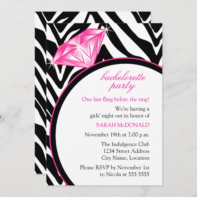 Invitation Zebra Print & Bachelorette Party (Devant / Derrière)