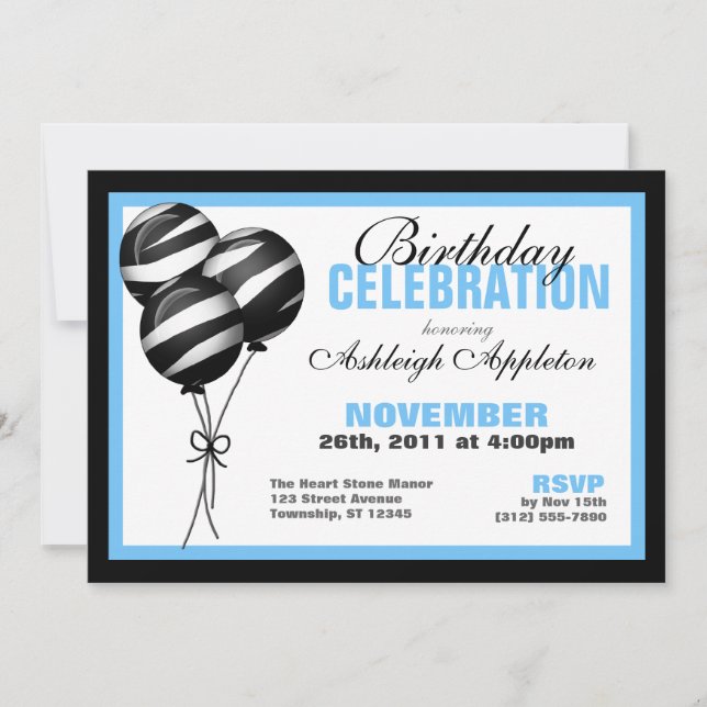 Invitation Zebra Print Balloons Bleu clair Anniversaire (Devant)