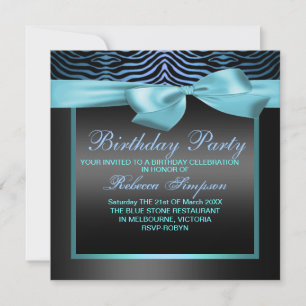 Invitation Zebra Print Blue & Black Party Anniversaire Invita