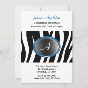 Invitation Zebra Print Blue Glass Monogramme Anniversaire