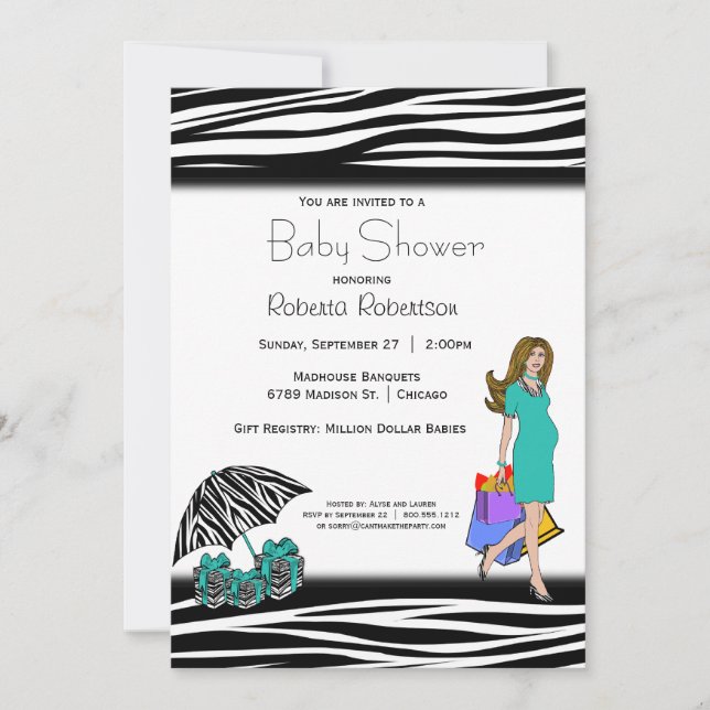 Invitation Zebra Print Et Turquoise Shopping Maman (Devant)