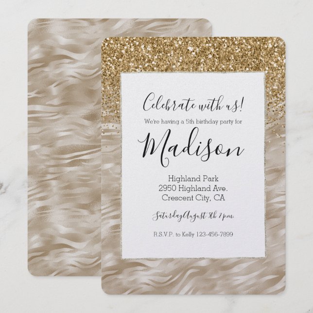 Invitation Zebra Print Faux Gold Parties scintillant (Devant / Derrière)