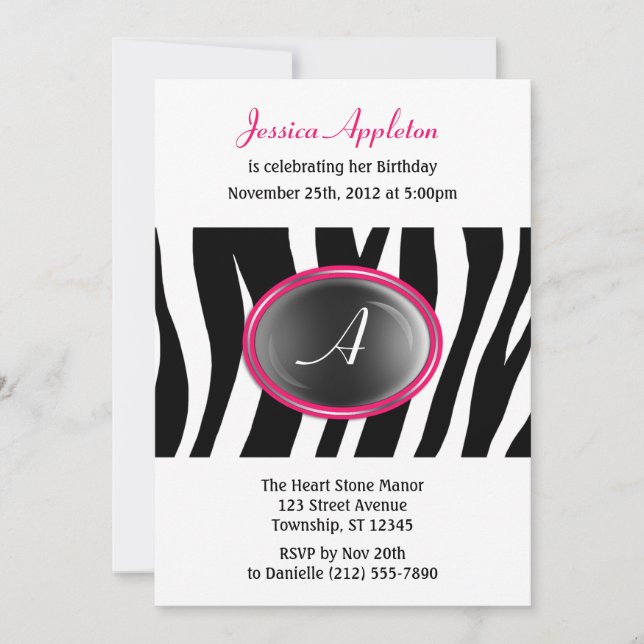Invitation Zebra Print Fuchsia Monogramme en verre Anniversai (Devant)